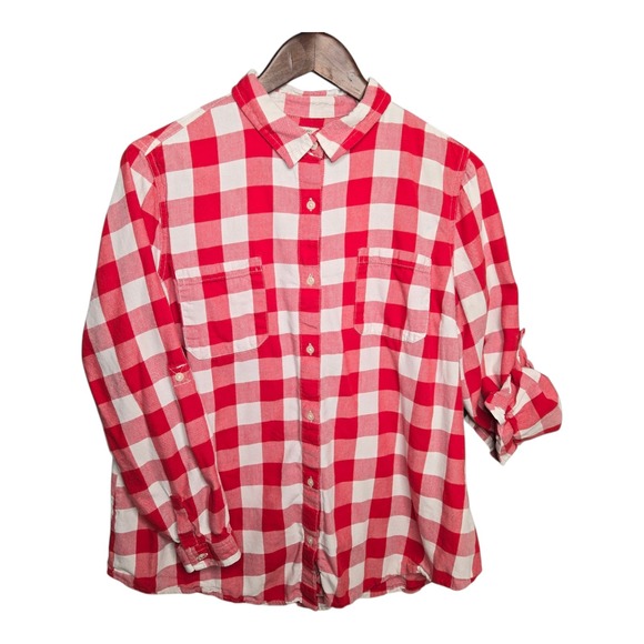 Old Navy Tops - Old Navy Plaid Shirt Roll-Tab Sleeve Button Down Top Red White Womens XL Petite